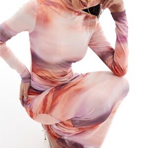 ASOS DESIGN long sleeve mesh maxi dress with ruching in watercolor print